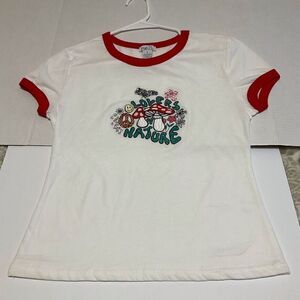 Vintage “Lovers of Nature” Baby Tee, M. Embroidered flowers, smiley faces and mu